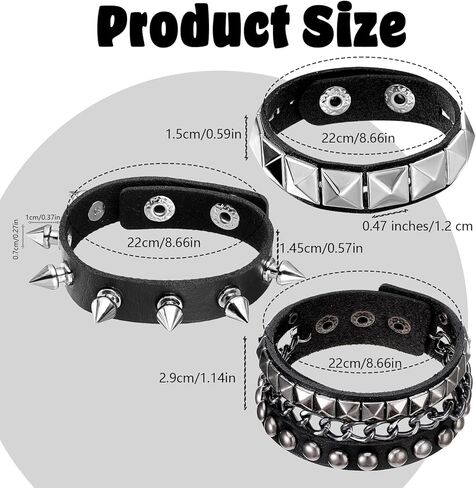 Bremorou Spiked Bracelet Set 3 Piece Punk Rock Studded Leather Cuff Bracelets Goth Jewelry Accessories For Cool Rocker Skater Biker Men & Women Adjustable Black Studded Arm Bands Wristband in Saudi Arabia