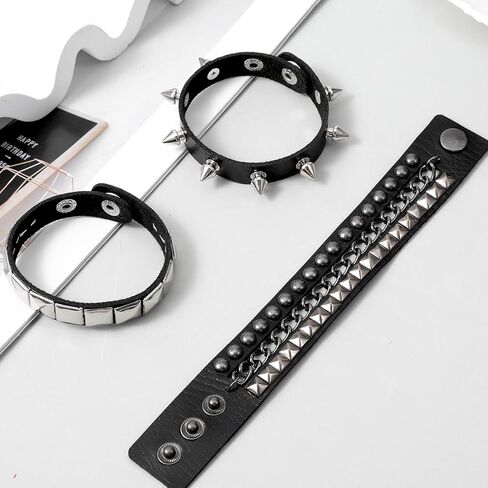 Bremorou Spiked Bracelet Set 3 Piece Punk Rock Studded Leather Cuff Bracelets Goth Jewelry Accessories For Cool Rocker Skater Biker Men & Women Adjustable Black Studded Arm Bands Wristband in Saudi Arabia