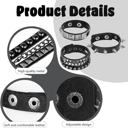 Bremorou Spiked Bracelet Set 3 Piece Punk Rock Studded Leather Cuff Bracelets Goth Jewelry Accessories For Cool Rocker Skater Biker Men & Women Adjustable Black Studded Arm Bands Wristband in Saudi Arabia