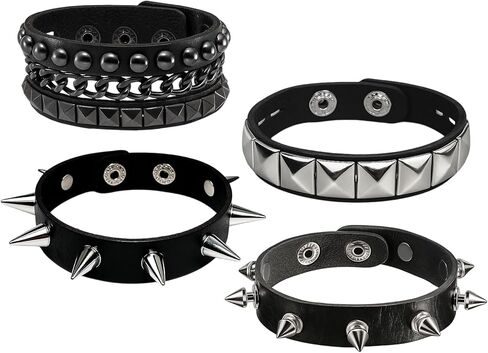 Spiked Bracelets, Studded Bracelet Set of 4, Punk Rock Gothic Wristbands for Men and Women, Adjustable Spike Bracelets for Halloween Parties, Concerts, and Daily Fashion in Saudi Arabia