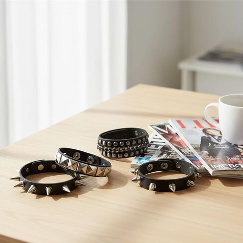 Spiked Bracelets, Studded Bracelet Set of 4, Punk Rock Gothic Wristbands for Men and Women, Adjustable Spike Bracelets for Halloween Parties, Concerts, and Daily Fashion in Saudi Arabia