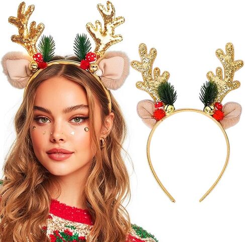 JEAIRTS Christmas Reindeer Antlers Headband Sequin Antler Ears Xmas Hair Band Cute Holiday Headbands Accessories for Women in Saudi Arabia