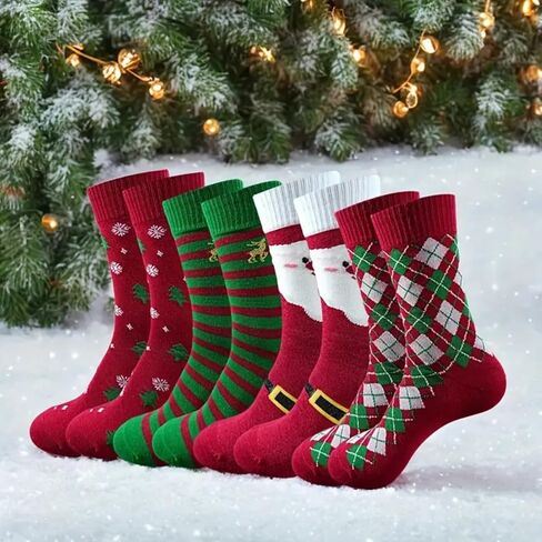 4 Pairs Christmas Mid-Crew Socks for Women, Festive Cozy Cotton Socks with Santa Snowflake Patterns, Holiday Gifts in Saudi Arabia