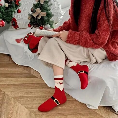 4 Pairs Christmas Mid-Crew Socks for Women, Festive Cozy Cotton Socks with Santa Snowflake Patterns, Holiday Gifts in Saudi Arabia