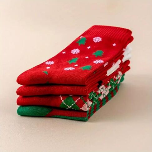 4 Pairs Christmas Mid-Crew Socks for Women, Festive Cozy Cotton Socks with Santa Snowflake Patterns, Holiday Gifts in Saudi Arabia