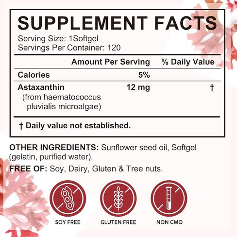 Tiuedu Astaxanthin 12mg, 120 Softgels, 4 Month Supply, Astaxanthin Antioxidant Supplements, Supports Eye, Joint, Internal Circulation, Skin Health in Kuwait