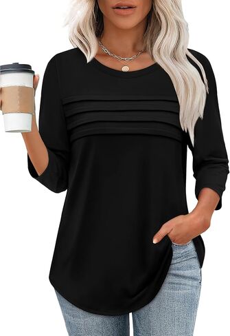 XIEERDUO Women's 3/4 Length Sleeve Tops Dressy Casual Blouses Crewneck T-Shirts Loose Curved Hem Tunic S-3XL in Saudi Arabia