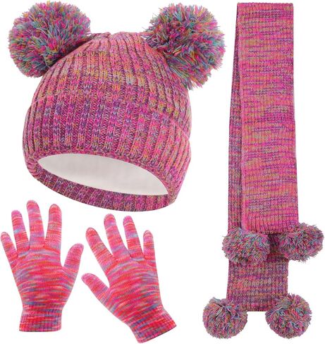 Kids Winter Hat Gloves Scarf Set Girls Toddler Beanie with Pom Knit Neck Warmer Mittens Fleece Lined Set in Saudi Arabia