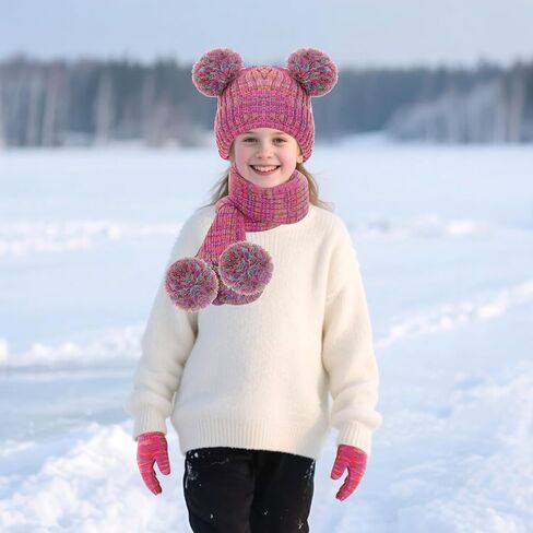 Kids Winter Hat Gloves Scarf Set Girls Toddler Beanie with Pom Knit Neck Warmer Mittens Fleece Lined Set in Saudi Arabia
