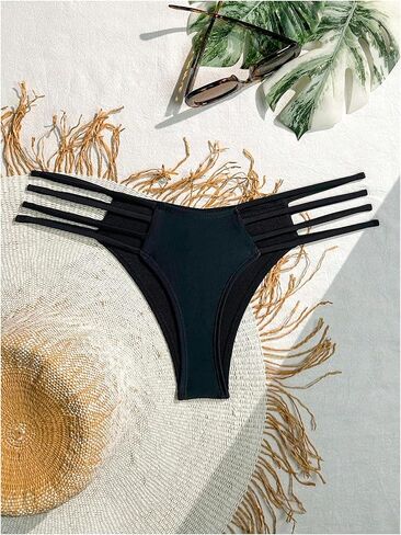 WDIRARA Women's Cut Out Strappy Bikini Bottom Ruched Low Waist High Cut Swim Bottoms in Kuwait