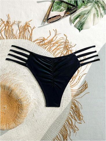 WDIRARA Women's Cut Out Strappy Bikini Bottom Ruched Low Waist High Cut Swim Bottoms in Kuwait