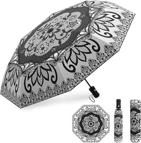 Boho Black Floral Flower Umbrella Compact Portable Travel Inverted Automatic Folding Umbrellas for Rain Windproof Umbrellas Open Close Auto Sunshade Parasol Umbrella for Sun UV Protection in Saudi Arabia
