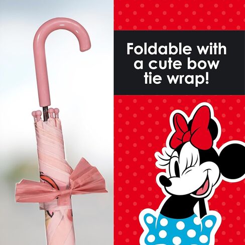 Disney Minnie Mouse Children's Rain Umbrella with Bow Tie Wrap, Manual Folding, Windproof, Lightweight, and Packable for Travel, 26.5 Inch Arc, Pink in Saudi Arabia