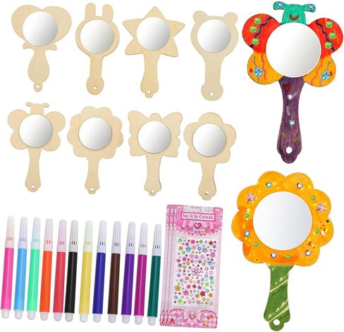 TEHAUX Wooden Mirror Crafts Boys and Girls Room Decor Small Mirrors for Crafts Stickers Watercolor Pens in Saudi Arabia