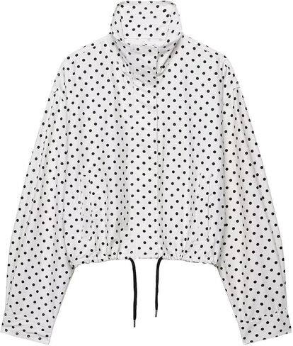 Xunger Women’s Polka Dot Jacket High Neck Long Sleeve Drawstring Hem Casual Trendy Cropped Coat with Pockets in Saudi Arabia