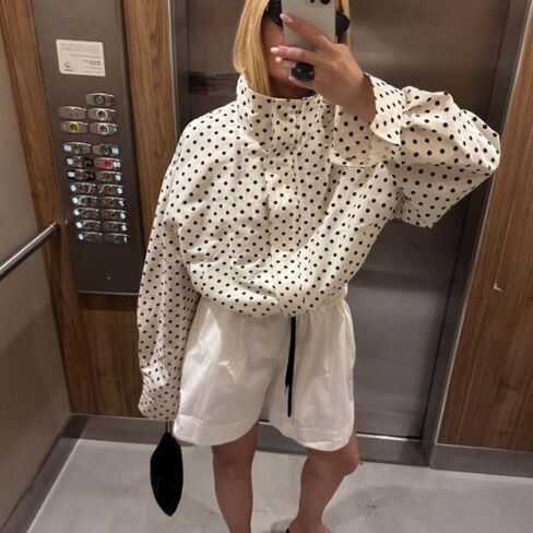Xunger Women’s Polka Dot Jacket High Neck Long Sleeve Drawstring Hem Casual Trendy Cropped Coat with Pockets in Saudi Arabia