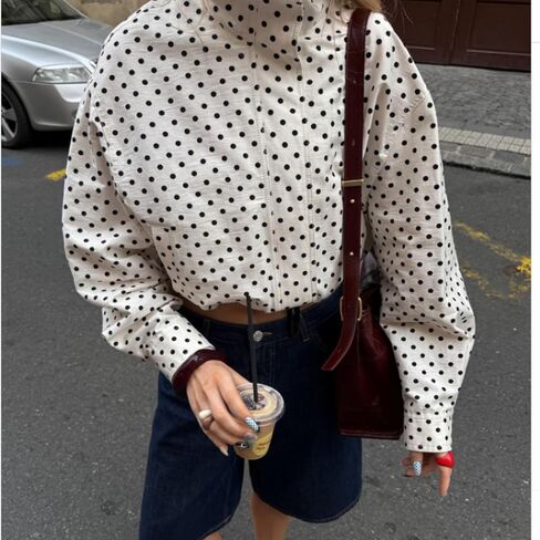 Xunger Women’s Polka Dot Jacket High Neck Long Sleeve Drawstring Hem Casual Trendy Cropped Coat with Pockets in Saudi Arabia