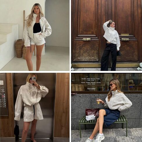 Xunger Women’s Polka Dot Jacket High Neck Long Sleeve Drawstring Hem Casual Trendy Cropped Coat with Pockets in Saudi Arabia