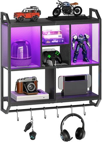HOOBRO Gaming Floating Shelves with LED Lights, 28.7" LED Wall Mounted Shelf, 3-Tier Display Rack for Wall Storage, Floating Rack with Hanging Rod and 6 S-Hooks, for Gaming Room, Black BB70DBJ01 in Saudi Arabia