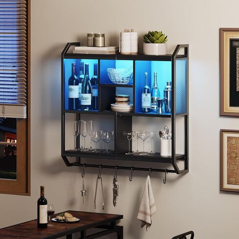 HOOBRO Gaming Floating Shelves with LED Lights, 28.7" LED Wall Mounted Shelf, 3-Tier Display Rack for Wall Storage, Floating Rack with Hanging Rod and 6 S-Hooks, for Gaming Room, Black BB70DBJ01 in Saudi Arabia