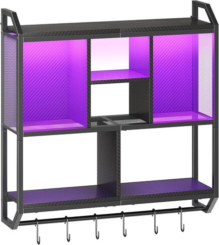 HOOBRO Gaming Floating Shelves with LED Lights, 28.7" LED Wall Mounted Shelf, 3-Tier Display Rack for Wall Storage, Floating Rack with Hanging Rod and 6 S-Hooks, for Gaming Room, Black BB70DBJ01 in Saudi Arabia