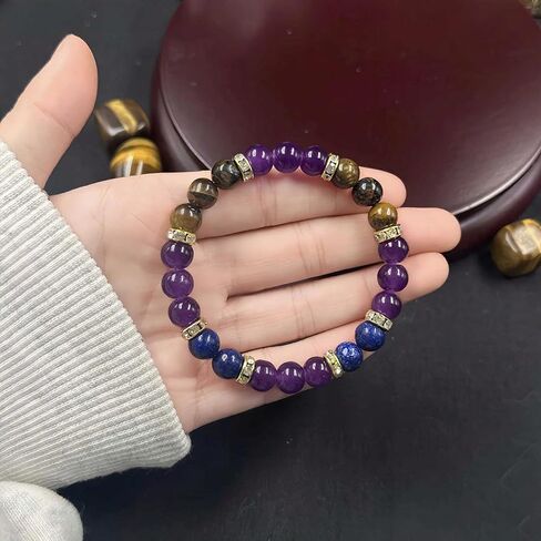 Amethyst Tiger's Eye Lapis Lazuli Crystal Bracelets for Women Men Natural Stone Handmade Gemstone Stretch Healing Yoga Beaded Bracelet Anxierty Protection Good Luck Spiritual Jewelry Gifts 8mm in Saudi Arabia