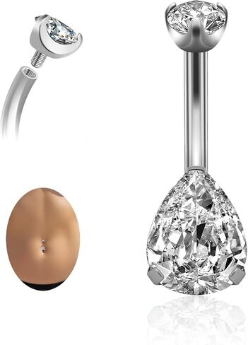 G23 Titanium Belly Button Rings 14G — Floating Navel Piercing Jewelry with 5mm & 8mm Teardrop CZ — Internal Thread Curved Barbell, Hypoallergenic (10mm / 12mm, Silver/Gold/Pink/Lake Blue) in Saudi Arabia