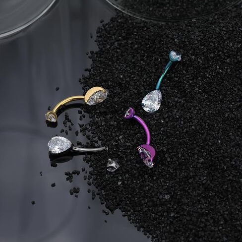 G23 Titanium Belly Button Rings 14G — Floating Navel Piercing Jewelry with 5mm & 8mm Teardrop CZ — Internal Thread Curved Barbell, Hypoallergenic (10mm / 12mm, Silver/Gold/Pink/Lake Blue) in Saudi Arabia