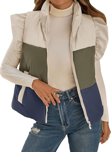 Tankaneo Womens Puffer Vest Ruffle Sleeveless Zip Up Quilted Jacket Color Block Winter Warm Padded Gilet Coats in Saudi Arabia