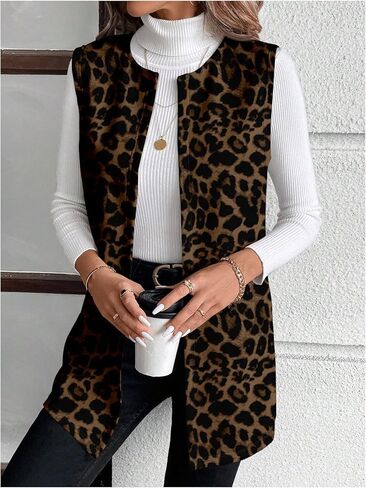 GORGLITTER Women's Plus Size Cheetah Print Long Blazer Vest Trendy Sleeveless Leopard Jacket Business Casual Outfits in Saudi Arabia