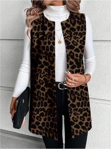 GORGLITTER Women's Plus Size Cheetah Print Long Blazer Vest Trendy Sleeveless Leopard Jacket Business Casual Outfits in Saudi Arabia