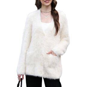 Wyeysyt Women's Fuzzy Cardigan Sweater V Neck Long Sleeve Button Down Knit Furry Sweaters with Pockets in Kuwait