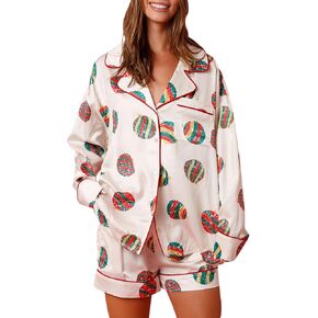 Meihuida Women Christmas Pajamas Set Cute Bow Tie Button up Shirt Ruffle Shorts 2 Piece Christmas Pjs in Kuwait