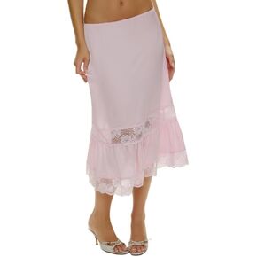 Women Silk Satin Half Slip Long Skirts Lace Patchwork Elastic Waist Long Skirt Elegant Silky Flowy A Line Midi Skirts in Kuwait