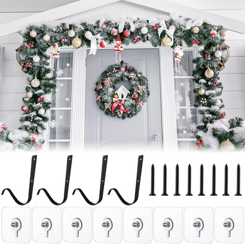 4 Set Large Front Door Garland Hanger Heavy Duty Cast Iron 33 lb Door Garland Hanger Self Adhesive Hook No Nails Screws for Christmas Door Wreath Garland (Black) in Saudi Arabia