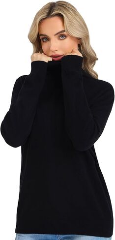 سترة نسائية بياقة مدورة - بلوفر صوف ميرينو 100% برقبة وهمية وأكمام طويلة وخفيفة الوزن للشتاء الدافئ in Kuwait
