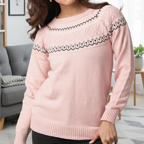 سترة نسائية من Fair Isle ذات رقبة وهمية | سترة نسائية مريحة من جزيرة فير | سترة متماسكة دافئة للنساء in Kuwait