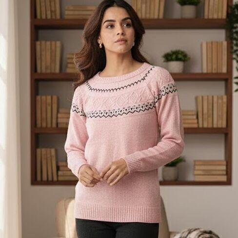 سترة نسائية من Fair Isle ذات رقبة وهمية | سترة نسائية مريحة من جزيرة فير | سترة متماسكة دافئة للنساء in Kuwait