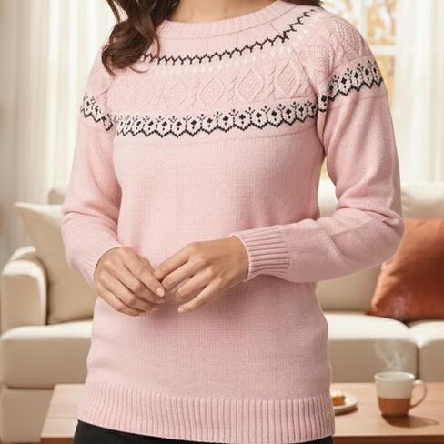 سترة نسائية من Fair Isle ذات رقبة وهمية | سترة نسائية مريحة من جزيرة فير | سترة متماسكة دافئة للنساء in Kuwait
