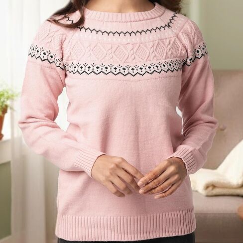 سترة نسائية من Fair Isle ذات رقبة وهمية | سترة نسائية مريحة من جزيرة فير | سترة متماسكة دافئة للنساء in Kuwait