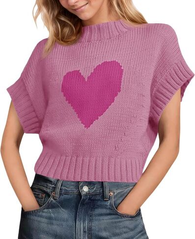 Saodimallsu Womens Cap Sleeve Cropped Sweater Mock Neck Cute Heart Loose Valentine Knit Tank Tops in Saudi Arabia