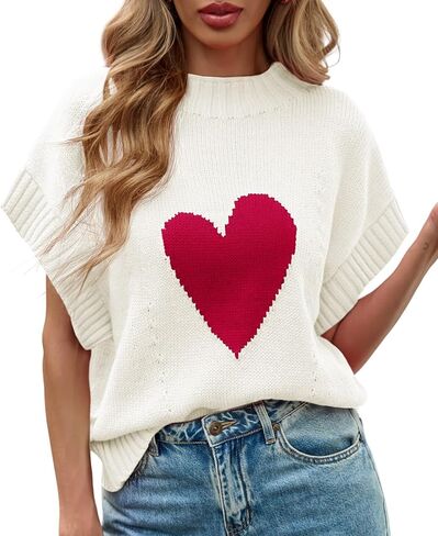 Saodimallsu Womens Cap Sleeve Cropped Sweater Mock Neck Cute Heart Loose Valentine Knit Tank Tops in Saudi Arabia
