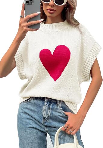 Saodimallsu Womens Cap Sleeve Cropped Sweater Mock Neck Cute Heart Loose Valentine Knit Tank Tops in Saudi Arabia