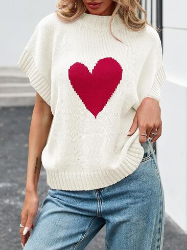 Saodimallsu Womens Cap Sleeve Cropped Sweater Mock Neck Cute Heart Loose Valentine Knit Tank Tops in Saudi Arabia