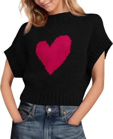 Saodimallsu Womens Cap Sleeve Cropped Sweater Mock Neck Cute Heart Loose Valentine Knit Tank Tops in Saudi Arabia
