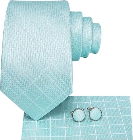Silk Ties for Men Plaid Jacquard Necktie Pocket Square Cufflinks Set Formal Business Wedding Party Tie in Saudi Arabia