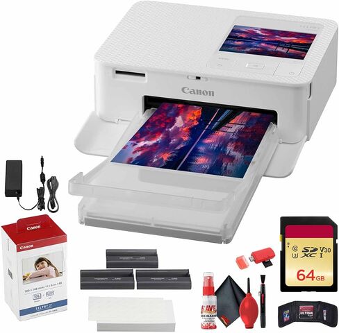 طابعة الصور المدمجة SELPHY CP1500 من Canon (أبيض) (5540C002) مجموعة ورق وأحبار ملونة KP-108IN + بطاقة ذاكرة Ultra سعة 64 جيجابايت + طقم تنظيف + محفظة بطاقة ذاكرة + قارئ بطاقات in Kuwait