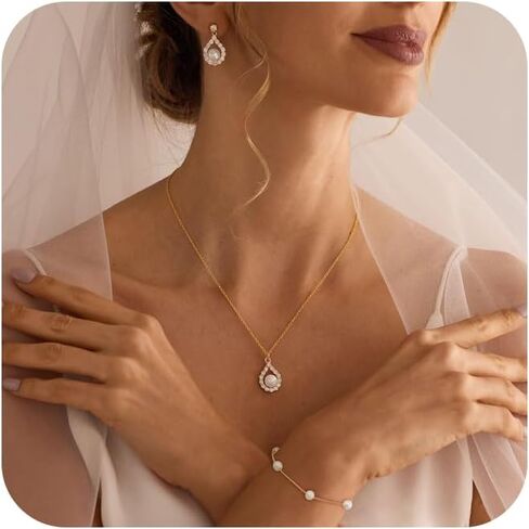 مجموعات مجوهرات للنساء، أقراط لؤلؤ مطلية بالذهب عيار 14 قيراط، وقلادة وسوار، وإكسسوارات مجوهرات الزفاف الفضية، مجموعات مجوهرات الزفاف البسيطة للعرائس in Kuwait