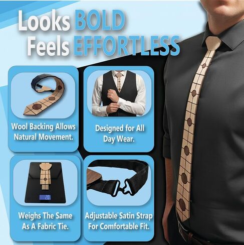 Splinter'd Moon Handcrafted Wood Tie – Made in USA – Reclaimed Wood, Wool-Backed Flexible Design, Adjustable Satin Strap, Lightweight 2 oz Wooden Necktie for Men, Unique Grain Pattern in Saudi Arabia