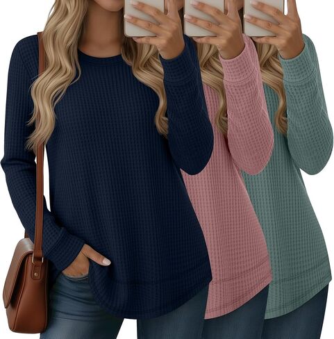 3 Pack Women's Waffle Knit Sweatshirts Crew Neck Long Sleeve Tops Casual Loose Fit Pullover Tees Curved Hem Shirts in Saudi Arabia